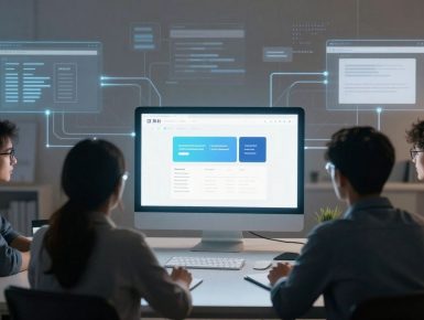 Team of designers working on a modern website interface.
