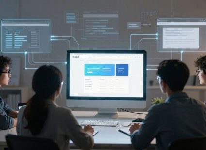 Team of designers working on a modern website interface.