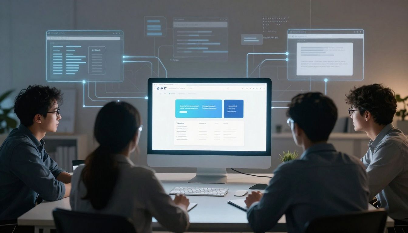 Team of designers working on a modern website interface.